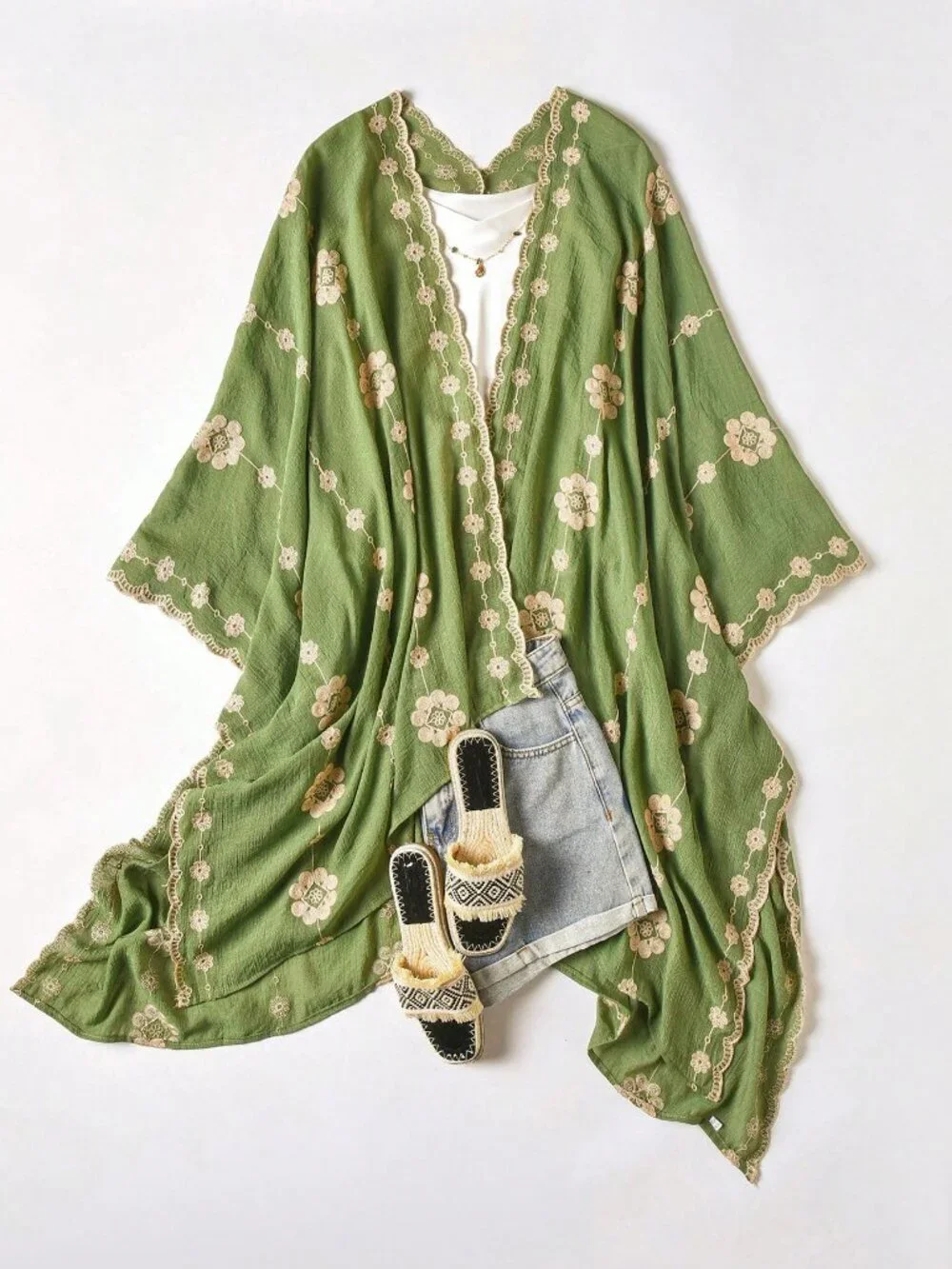 Green Elegant Bohemian Women's Floral Embroidered Kimono Sarong Cover-Up
